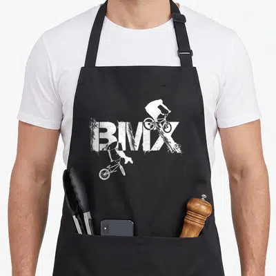 Tablier de cuisine noir avec l'inscription BIMIX et deux silhouettes blanches de cyclistes en acrobatie.