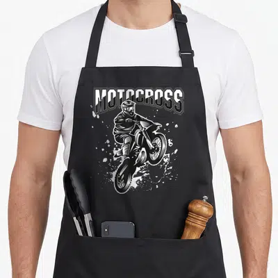 Tablier de cuisine noir avec illustration blanche d'un pilote de motocross en plein saut sous le texte MOTOCROSS.
