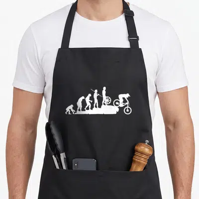 Tablier de cuisine noir avec silhouette blanche représentant l'évolution menant au cycliste en descente.