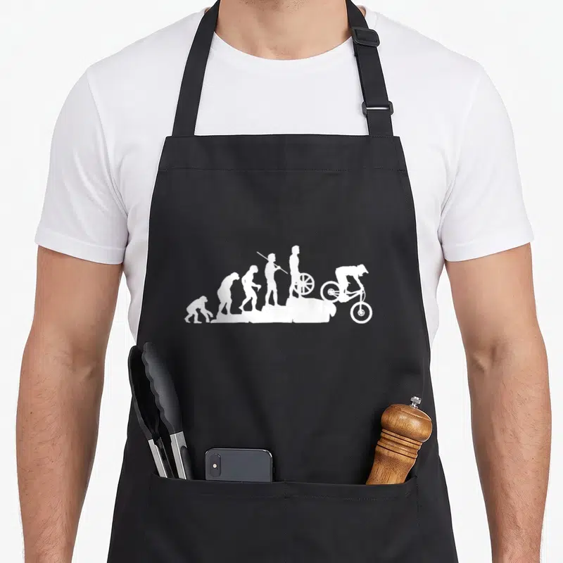 Tablier de cuisine noir avec silhouette blanche représentant l'évolution menant au cycliste en descente.
