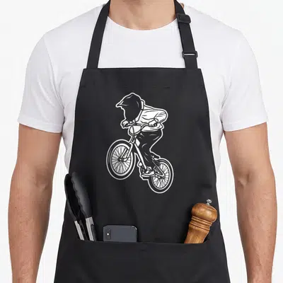 Tablier de cuisine noir avec illustration blanche d'un enfant en casque effectuant un wheelie sur un vélo BMX.