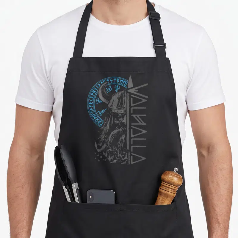 Tablier de cuisine noir avec illustration d'un guerrier viking, une épée et des runes circulaires bleues.