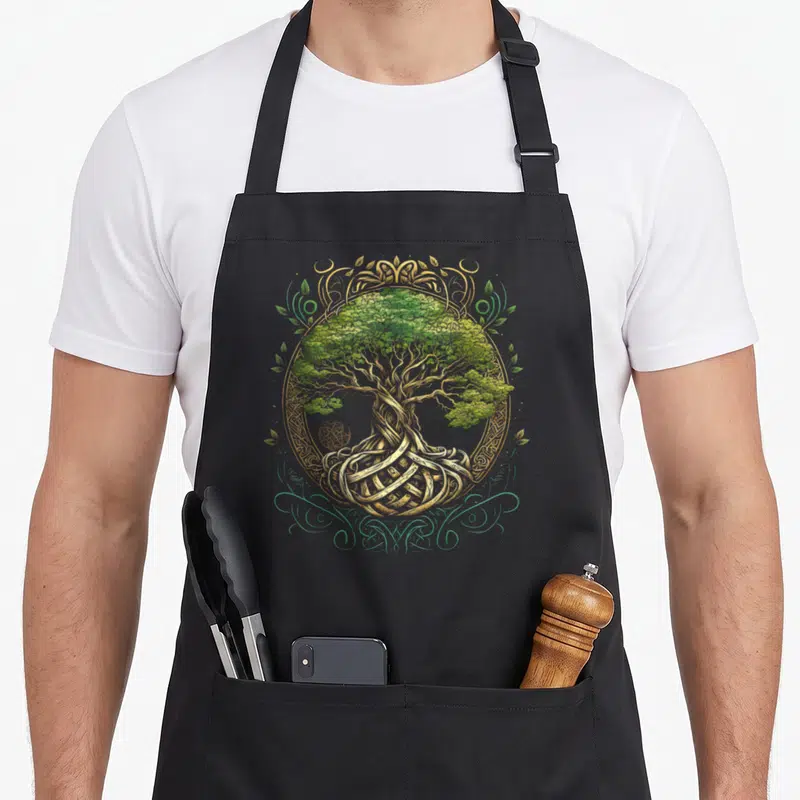 Tablier de cuisine noir avec un arbre de vie doré et vert entouré de motifs celtiques et d'une rune circulaire.