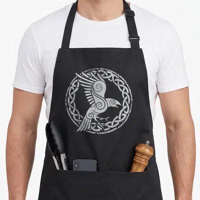 Tablier de cuisine noir avec oiseau stylisé en cercle d'entrelacs celtiques et motifs spirales gris clair sur fond uni.