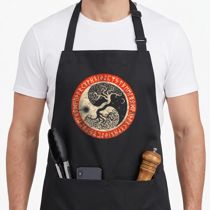 Tablier de cuisine noir avec motif circulaire rouge représentant l'arbre Yggdrasil entouré de runes runiques et d'une lune croissante.