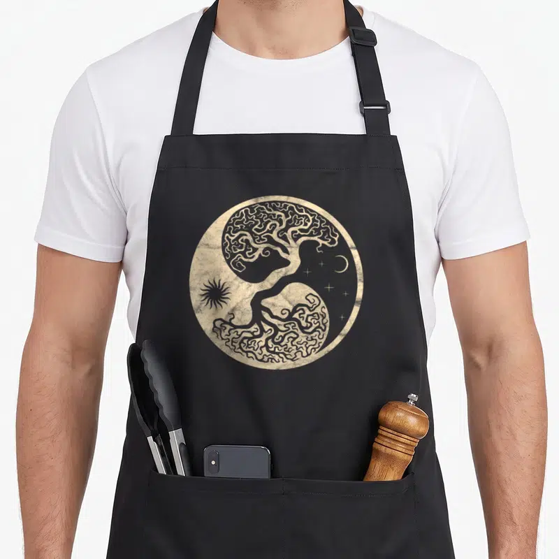 Tablier de cuisine noir avec un motif circulaire beige représentant l'arbre Yggdrasil aux racines entrelacées sous un soleil et une lune.