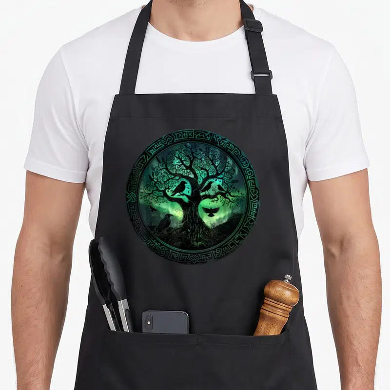 Tablier de cuisine noir avec illustration circulaire d'un arbre aux branches complexes et de corbeaux sur fond vert luminescent.