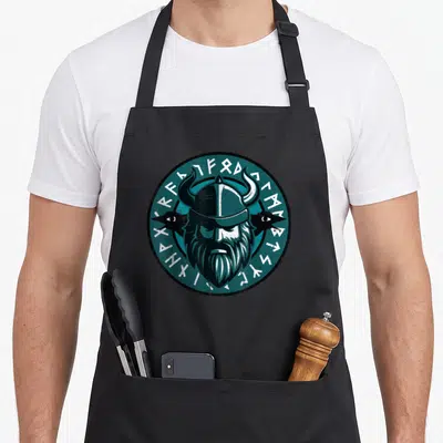 Tablier de cuisine noir avec un logo circulaire bleu vert montrant un viking à la barbe et des corbeaux.