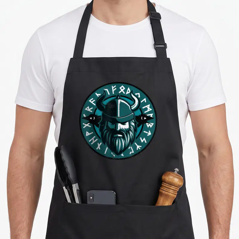 Tablier de cuisine noir avec un logo circulaire bleu vert montrant un viking à la barbe et des corbeaux.