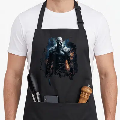 Tablier de cuisine noir avec illustration de Ragnar Lothbrok guerrier viking en armure sombre et épée.