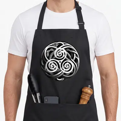 Tablier de cuisine noir avec un grand motif circulaire blanc représentant un triskel et des spirales entrelacées style celtique.