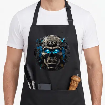 Tablier de cuisine noir avec tête de mort viking au bandeau celte et yeux lumineux bleus dans un cercle décoratif.