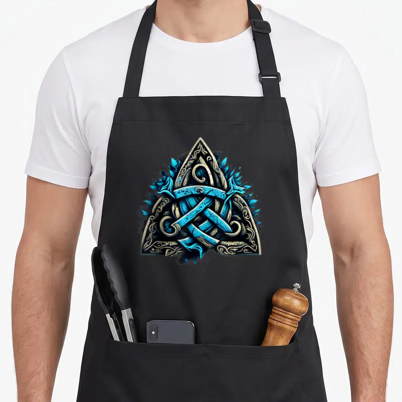 Tablier de cuisine noir avec un motif triskel triquetra celtique bleu turquoise et or sur fond uni.