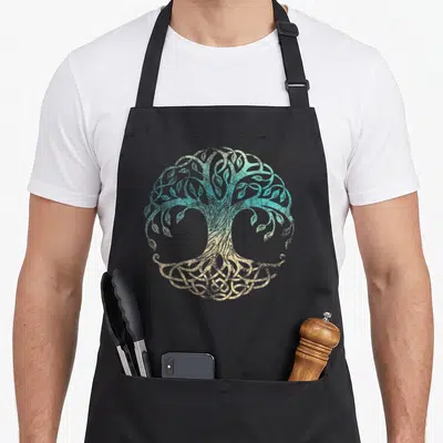Tablier de cuisine noir avec un Yggdrasil aux teintes turquoise et beige aux branches et racines entrelacées dans un style viking usé.