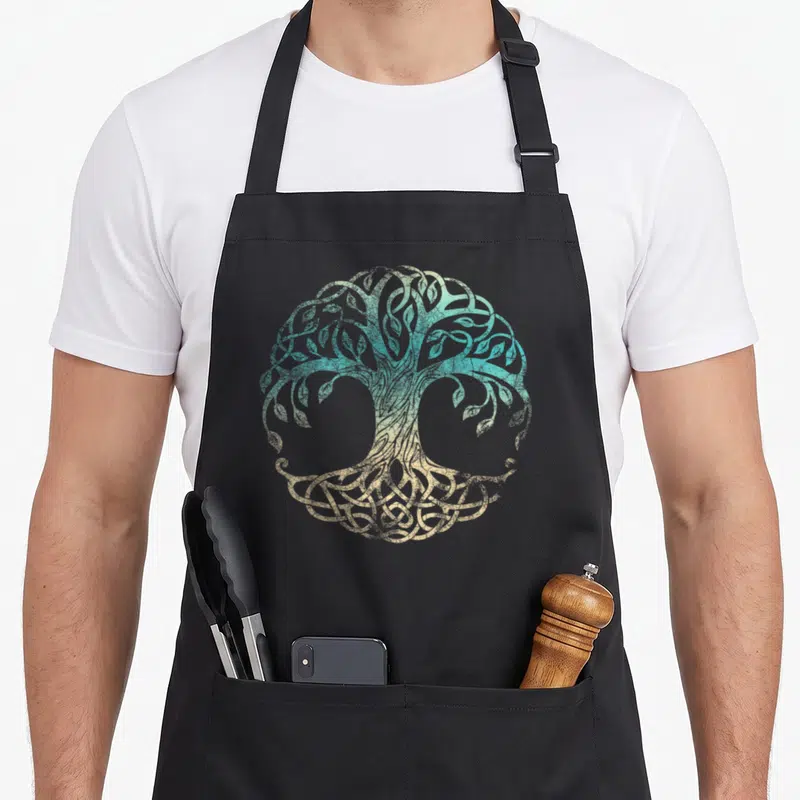 Tablier de cuisine noir avec un Yggdrasil aux teintes turquoise et beige aux branches et racines entrelacées dans un style viking usé.