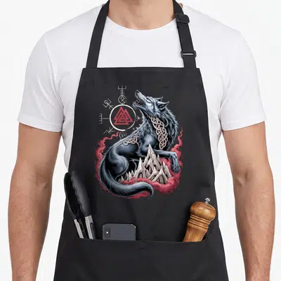 Tablier de cuisine noir avec un loup Fenrir, un Valknut rouge et des symboles nordiques sur fond gris uni.
