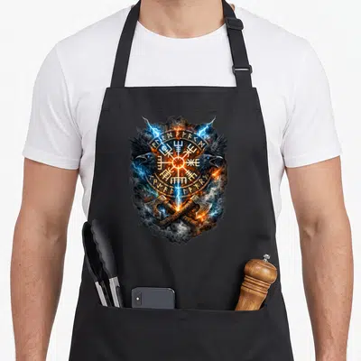 Tablier de cuisine noir avec des runes, un Vegvísir doré, deux corbeaux et des haches croisées entourés d'éclairs.