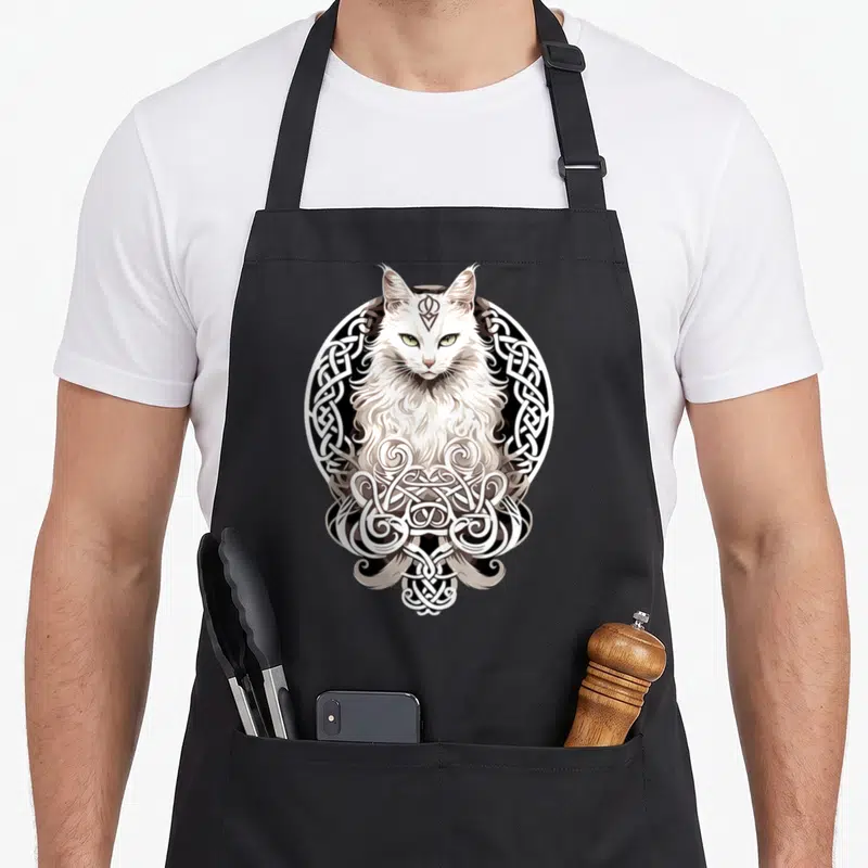 Tablier de cuisine noir avec illustration d'un chat blanc aux yeux verts encadré par des motifs de nœuds celtiques blancs et gris.
