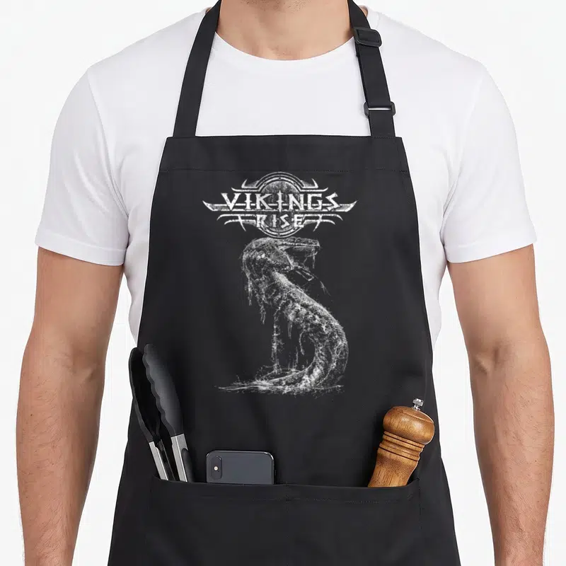 Tablier de cuisine noir avec le logo Vikings Rise et une illustration blanche du serpent mythologique Jörmungandr sortant de l'eau.
