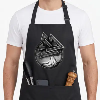 Tablier de cuisine noir avec un arbre de vie aux racines fines et un symbole valknut géométrique en haut du motif circulaire.