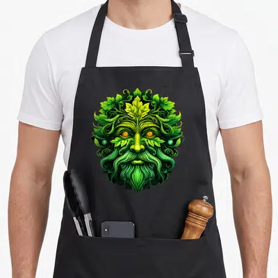 Tablier de cuisine noir avec un Homme vert païen celtique aux yeux dorés et à la barbe de feuilles vertes.
