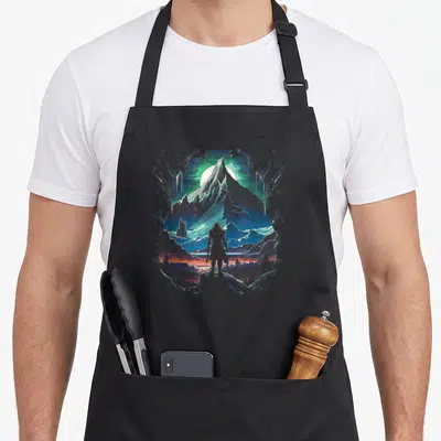 Tablier de cuisine noir avec illustration d'un paysage mythique Asgard Yggdrasil Freya et montagnes sous un ciel vert étoilé.