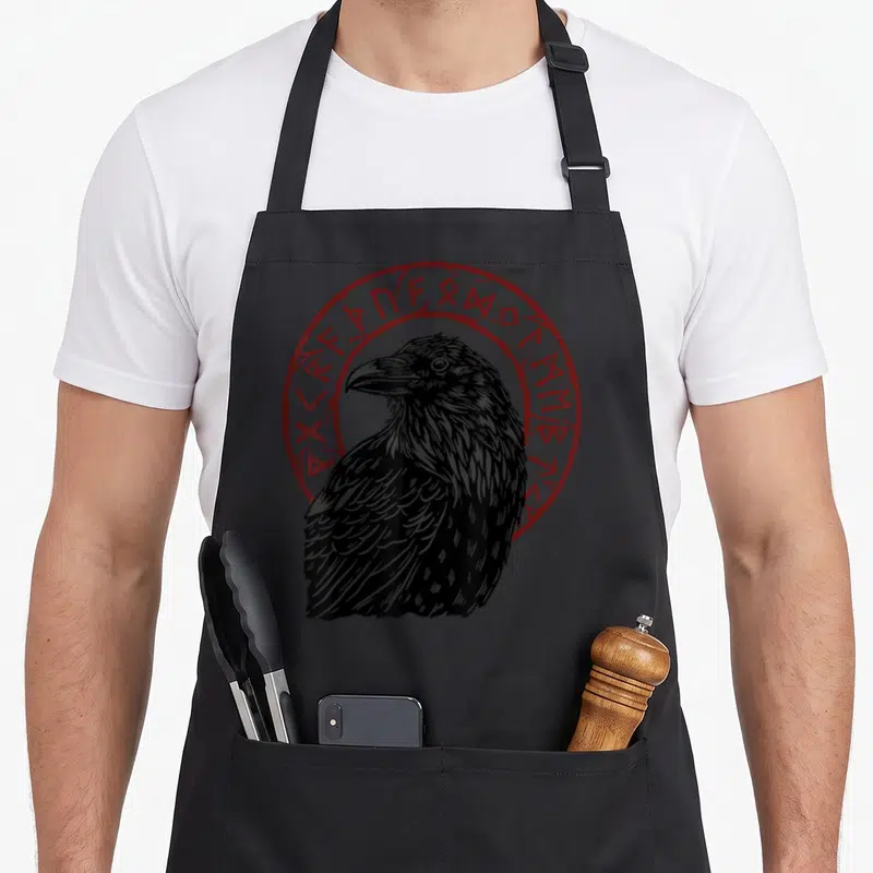 Tablier de cuisine noir avec illustration corbeau et cercle de runes rouges stylisées.