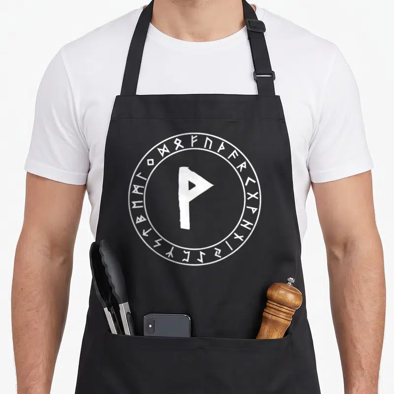 Tablier de cuisine noir avec une rune Wunjo blanche entourée d'un cercle de symboles runiques nordiques.