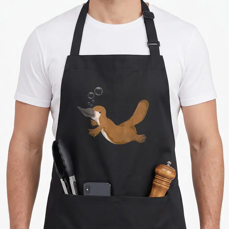 Tablier de cuisine noir avec illustration d'un ornithorynque marron nageant et émettant des bulles.