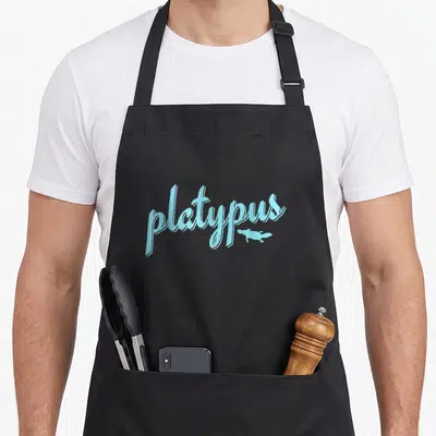 Tablier de cuisine noir avec l'inscription platypus en bleu clair et une silhouette d'animal stylisée à côté du texte