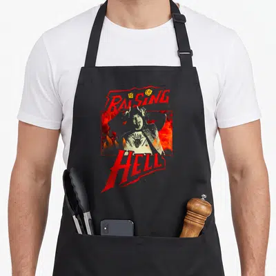 Tablier de cuisine noir avec illustration rouge Raising Hell Eddie Munson aux cheveux longs