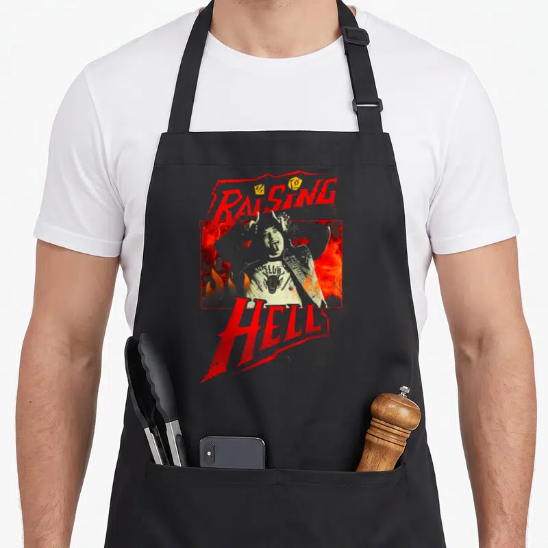 Tablier de cuisine noir avec illustration rouge Raising Hell Eddie Munson aux cheveux longs