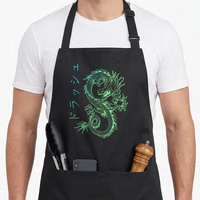 Tablier de cuisine noir avec un dragon vert fluorescent et des symboles japonais stylisés sur le côté gauche.