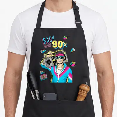 Tablier de cuisine noir avec illustration d'un homme portant une boombox et des lunettes de soleil au style graphique des années 90.