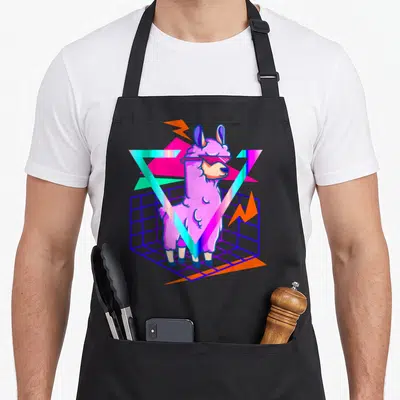 Tablier de cuisine noir avec illustration colorée d'un alpagas rose portant des lunettes de soleil sur fond géométrique synthwave.