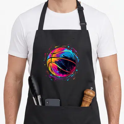 Tablier de cuisine noir avec une illustration colorée d'une balle de basket style années 80 entourée de taches de peinture vibrantes.
