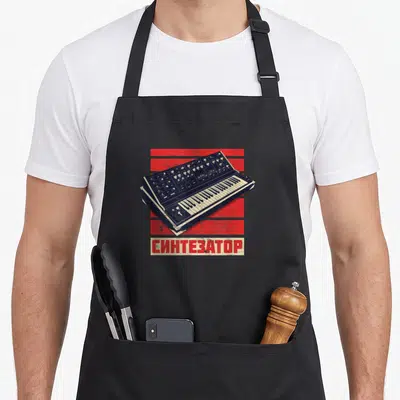Tablier de cuisine noir avec illustration de synthétateur rouge et texte en alphabet cyrillique.