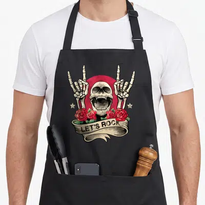 Tablier de cuisine noir avec un crâne squelettique faisant le signe du rock et des roses rouges sur banderole.