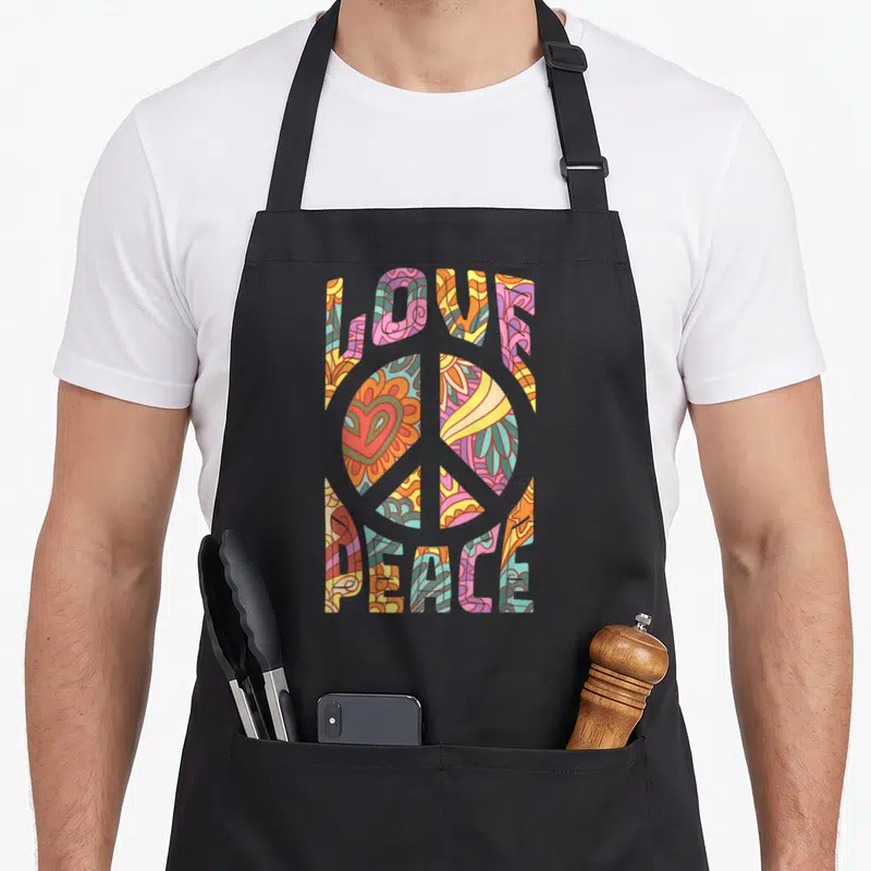 Tablier de cuisine noir avec un grand panneau de paix coloré contenant les mots Love Peace et des motifs floraux rétro des années hippie.