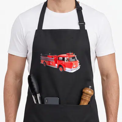 Tablier de cuisine noir avec illustration détaillée d'un camion de pompier rouge classique à échelle latérale et détails chromés.
