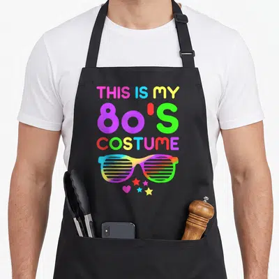 Tablier de cuisine noir avec texte This Is My 80's Costume et lunettes de soleil multicolores arc-en-ciel.