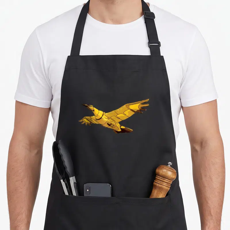 Tablier de cuisine noir avec illustration de l'aigle doré mécanique en plein vol sur fond uni.