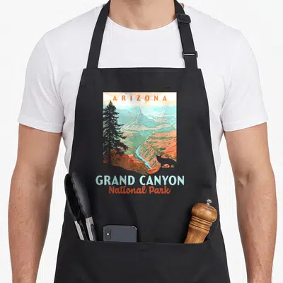 Tablier de cuisine noir avec illustration colorée du Grand Canyon National Park Arizona style voyage rétro.