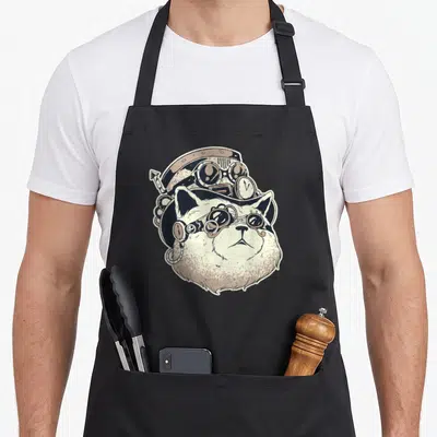 Tablier de cuisine noir avec illustration d'un chat steampunk rétro coiffé d'un chapeau orné de mécanismes et de lunettes.