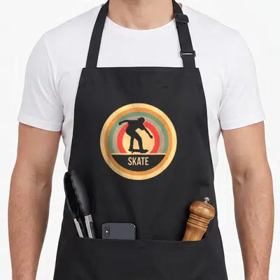 Tablier de cuisine noir avec logo circulaire rétro montrant un skateur et linscription skate en bas.