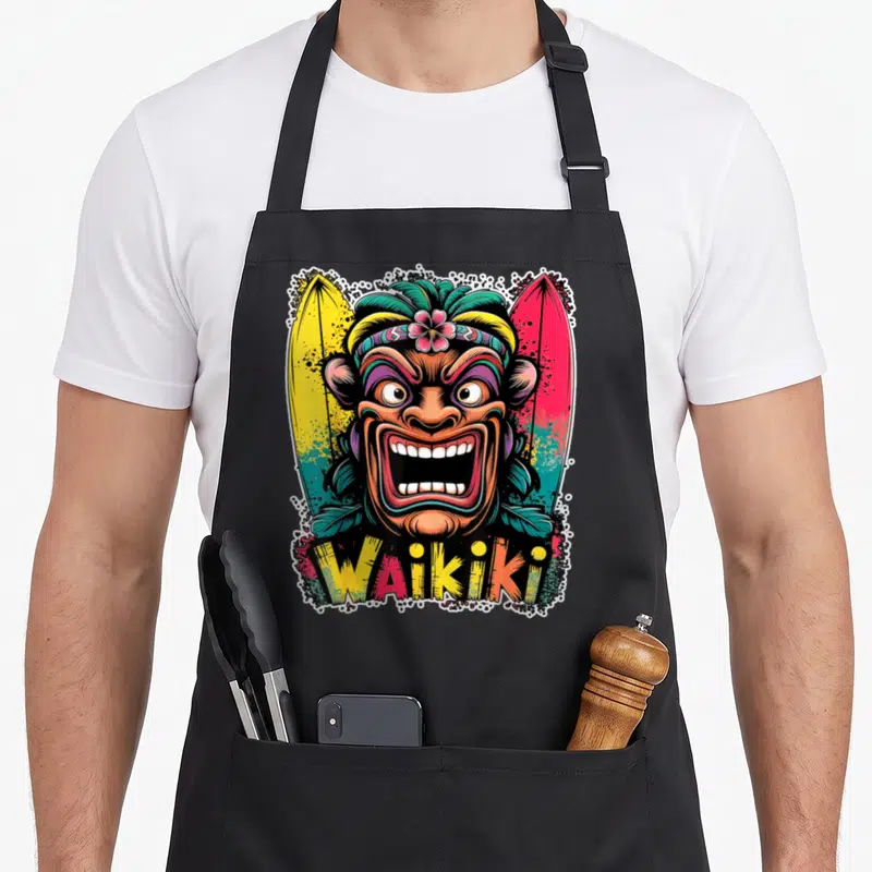Tablier de cuisine noir avec illustration colorée d'un visage Tiki criard et de deux planches à surf derrière le mot Waikiki.