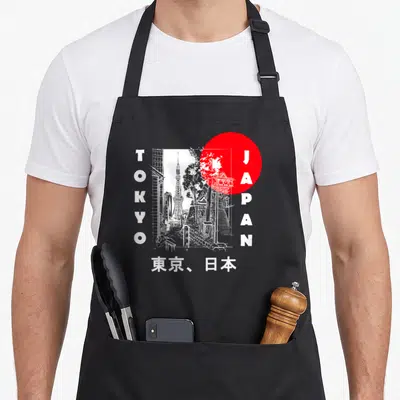 Tablier de cuisine noir avec illustration blanche de Tokyo, cercle rouge et texte vertical Japan Tokyo.