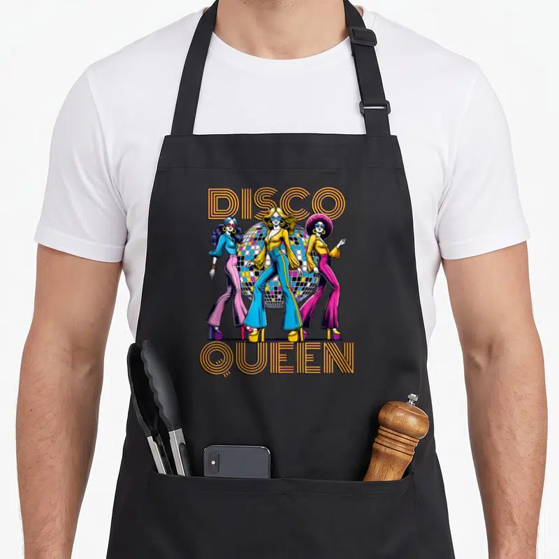 Tablier de cuisine noir avec illustration retro disco queen trois femmes et miroir dansant
