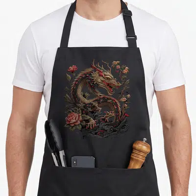 Tablier de cuisine noir avec dragon brodé et roses roses sur fond sombre.