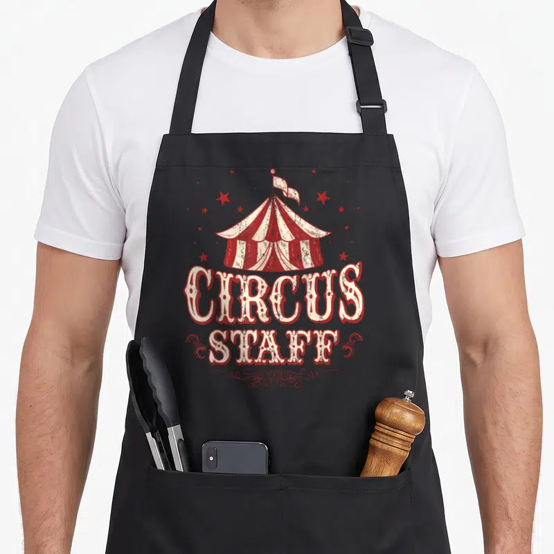 Tablier de cuisine noir avec un chapiteau de cirque rouge et blanc et l'inscription Circus Staff en lettres rétro.